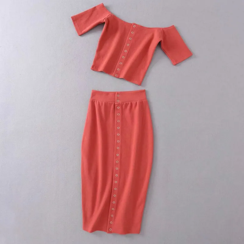 

Women Slash Neck Top Bodycon Dress Sets Short Sleeved Tees Solid Color Slim Fashion Knitting Clothes Sexy Bag Hip Casual Wear
