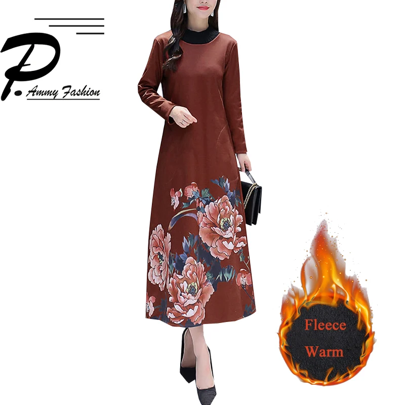 

Retro chinese style print dress 2018 winter new plus velvet thickening temperament women fashion warm plus size M~4XL