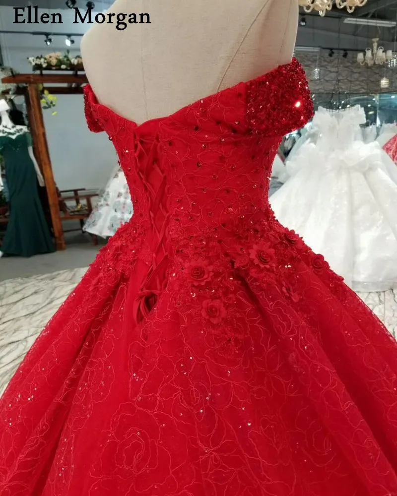 Красные вечерние, свадебные платья 3D цветы 2019 Vestido De Noiva блеск ткани Жемчуг Sexy с открытыми плечами Свадебные платья «Принцесса»