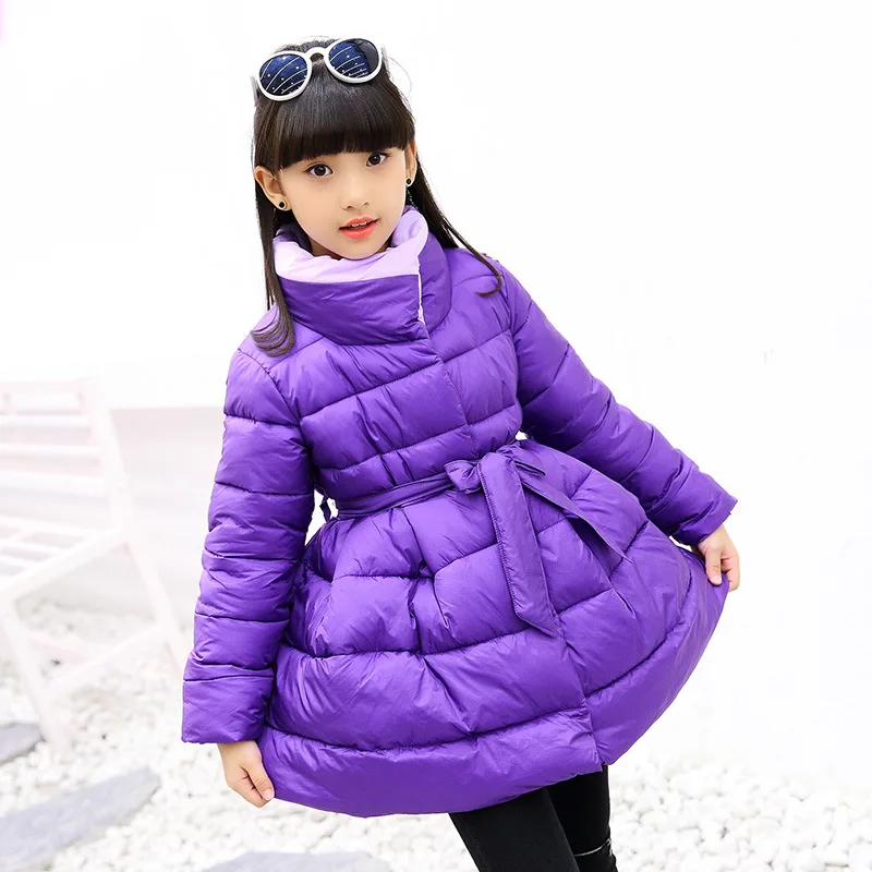 

Girl cotton clothing 2018 new type winter girls cotton children's bow purple long thick cotton clothing Parkas girl