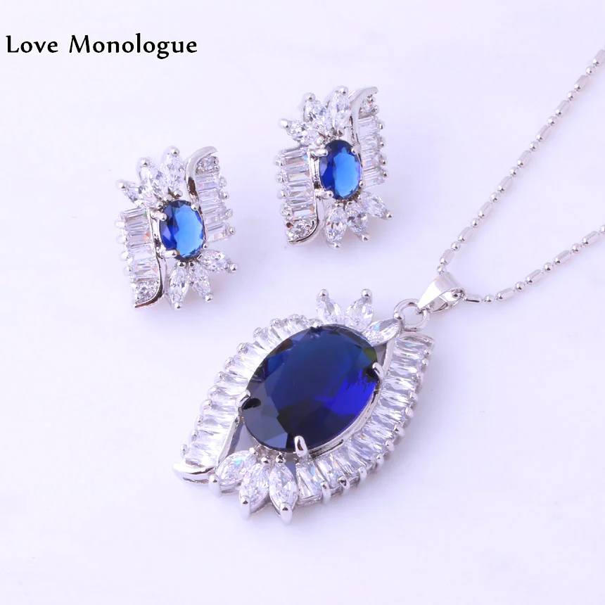 

Love Monologue Gorgeous Blue Crystal & Cubic Zirconia Silver Color Pendant Necklace/Earrings 3 Pcs Jewelry Sets For Womens H0018