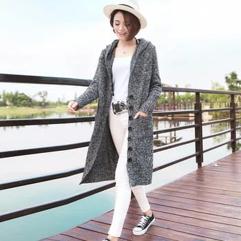 

Women Autumn Long Hooded Cardigan Sweater Knitting Coat
