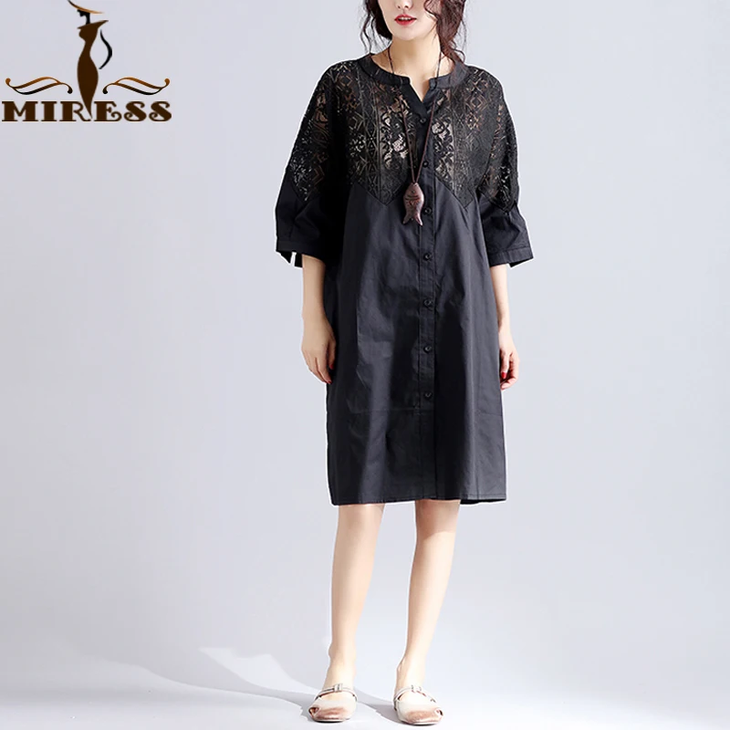 Плюс Размеры женская одежда летние черные кружева лоскутное свободные платья