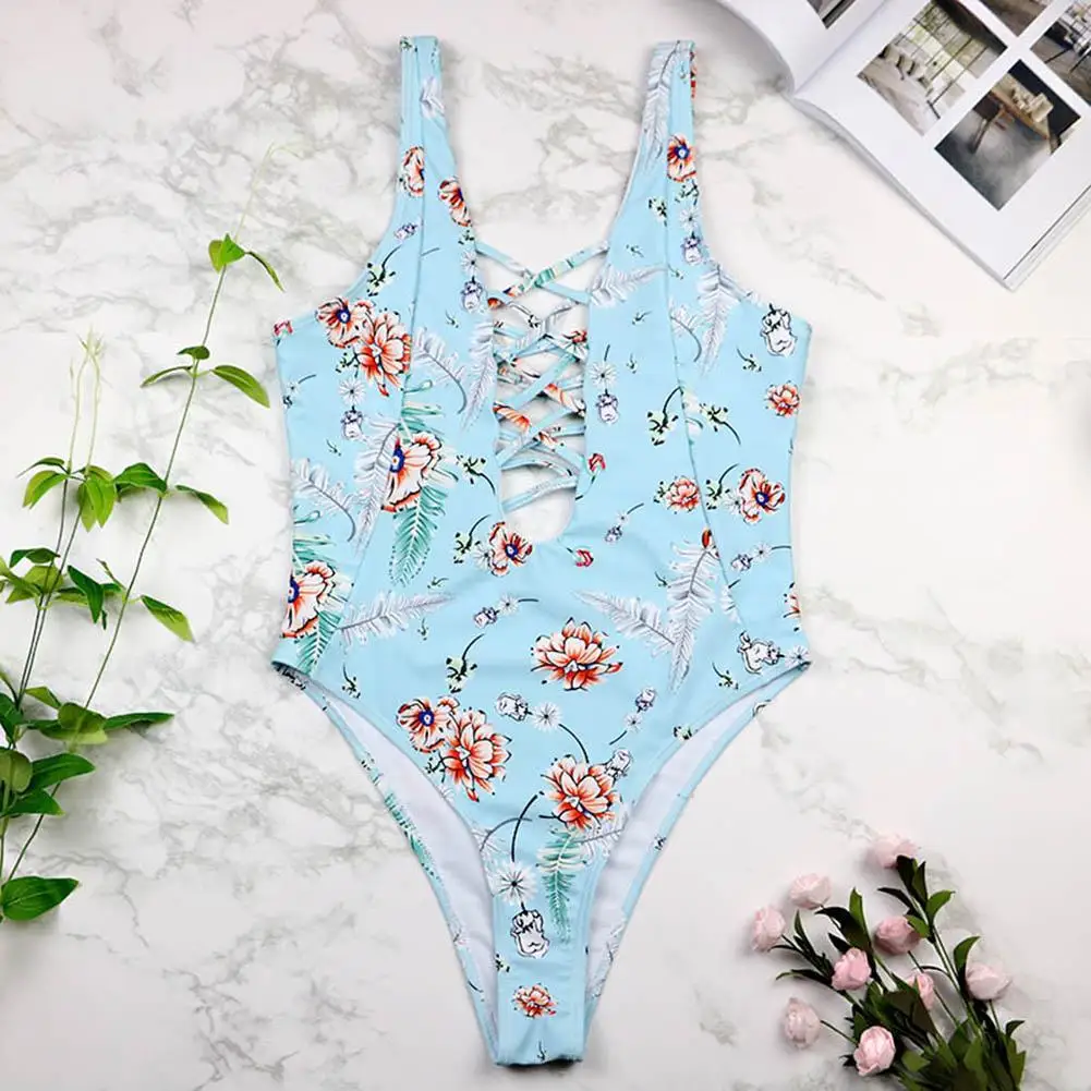 

One-piece Swimsuit Women Print Deep V Neck Back Cutout Bikini Set 2018 Summer New Padded Bathing Suit Swimwear