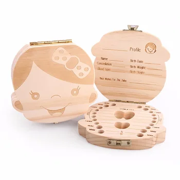 

1PC Baby Teeth Box English/French/Spanish/Russian Text Baby Teeth Storage Wooden Milk Baby Boys Girls Organizer Souvenir Gift