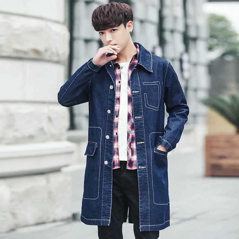 2019 Korean Mens Slim Fit Jean Jacket Mid-length Striped Pattern Trench Male Casual Joker Overcoat British Style Pocket 2019 Korean Mens Slim Fit Jean Jacket Mid-length Striped Pattern Trench Male Casual Joker Overcoat British Style Pocket