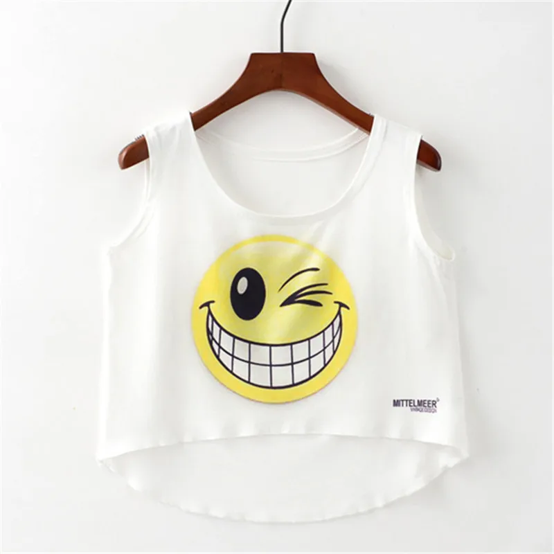 New Lovely Summer Women Crop Top Yellow Cartoon Smiley Face Print Casual Tank Tops Short Womens Vest New Lovely Summer Women Crop Top Yellow Cartoon Smiley Face Print Casual Tank Tops Short Womens Vest