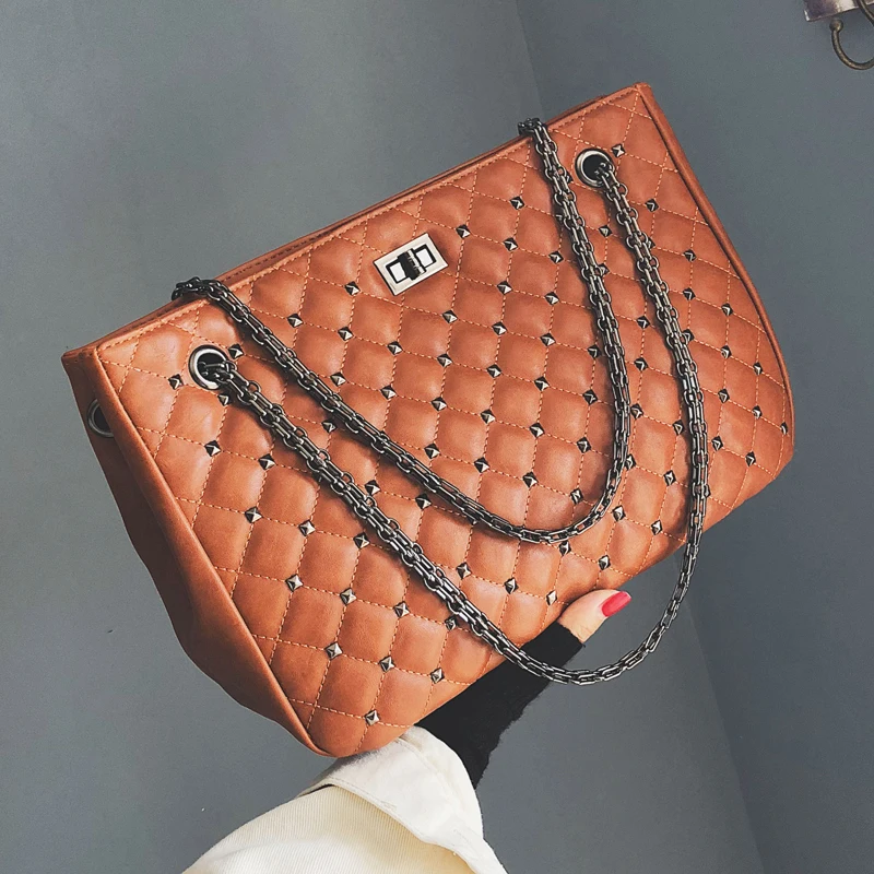 

European Retro Fashion Big Women Tote bag 2018 New Quality PU Leather Women's Designer Handbag Rivet Chain Large Shoulder bags