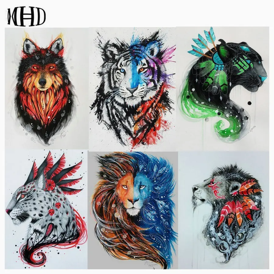 

MHD 10 kinds of animal series diamond embroidery Lion Tiger, Panda, Wolf, color, 5D-DIY Diamond Cross Stitch Set Round diamond