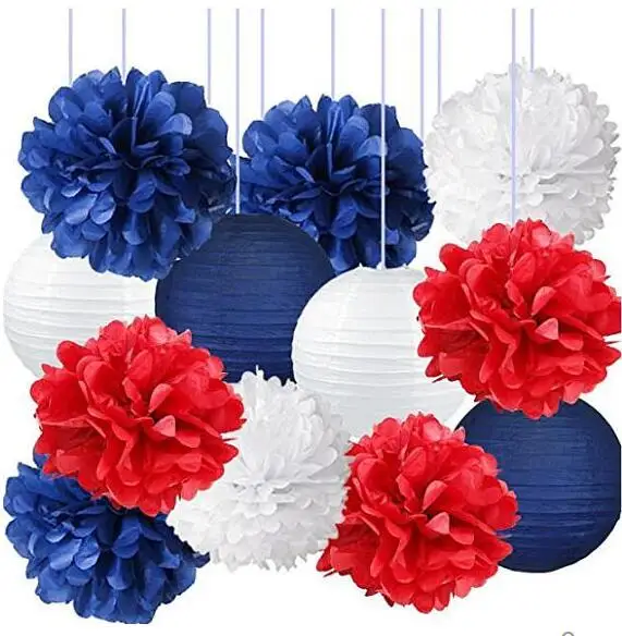 12 шт. Морской Декор для вечеринки Pom Poms фонари из тканевой бумаги темно-синий