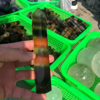 

1pcs Natural Quartz Stone Colorful Fluorite Crystal Pillar Stripe Healing Wand Single Tip Crystal Column High Quality