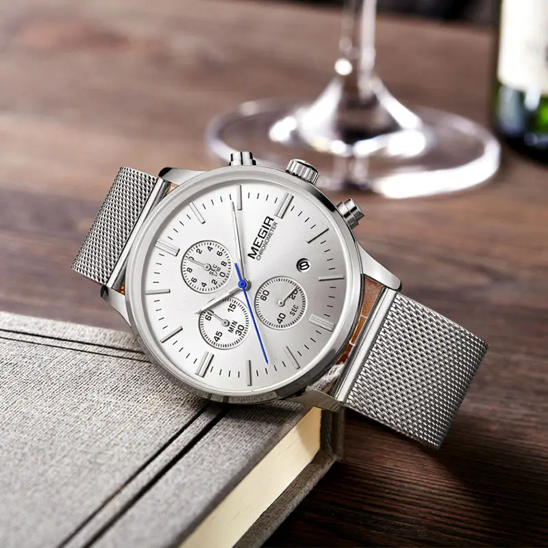 MEGIR Original Mens Watches Top Brand Luxury Stylish Watch Men Stainless Steel Mesh Strap Chronograph Military Quartz Watch