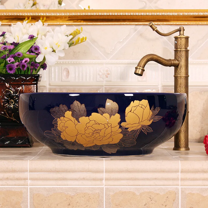 Colorful Peony Europe Vintage Style Ceramic Art Basin Sinks Counter Top Wash Basin Bathroom Vessel Sink vanities round bowl sink (4)