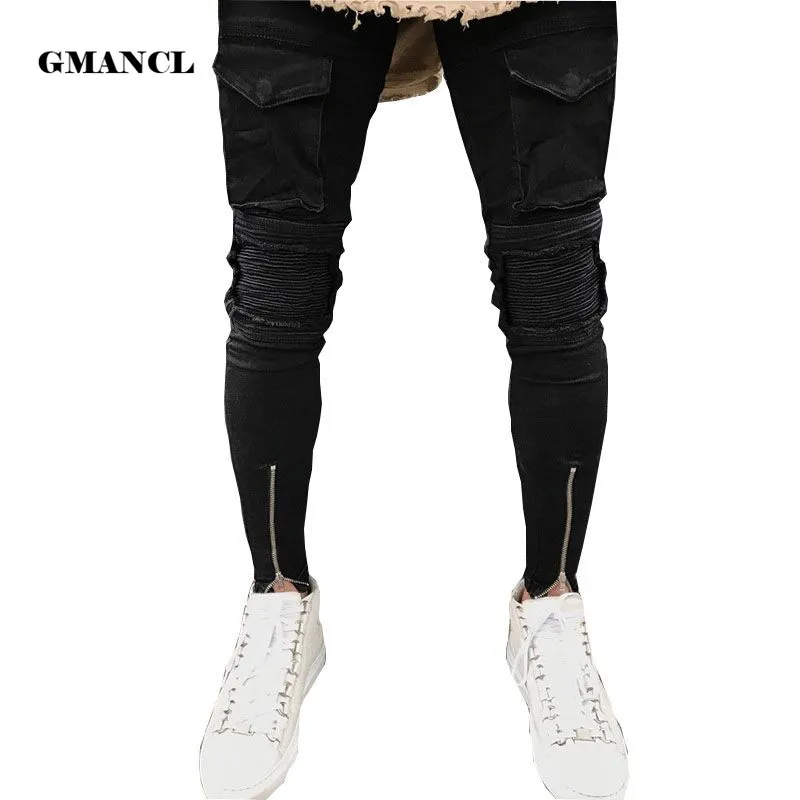 

New arrival Brand Fashion designer slim Motorcycle Black jeans ripped knee torn cool stretch biker Skinny jeans pants for men