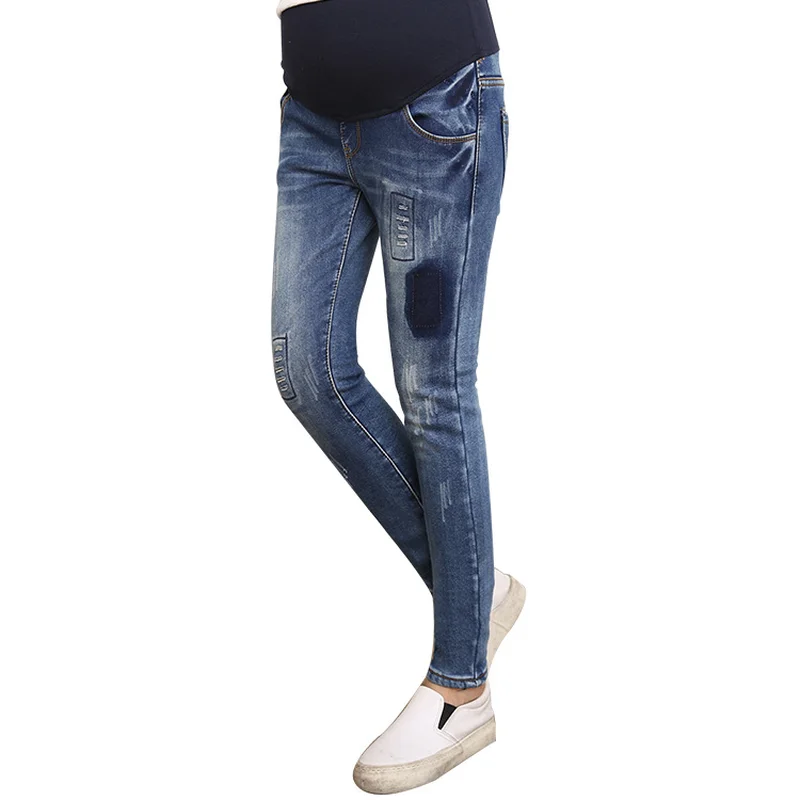 

2018 Winter Autumn Pregnant Women Adjustable Abdominal Denim Plus Velvet Jeans Pants Maternity Gold Fleece Thick Warm Trousers