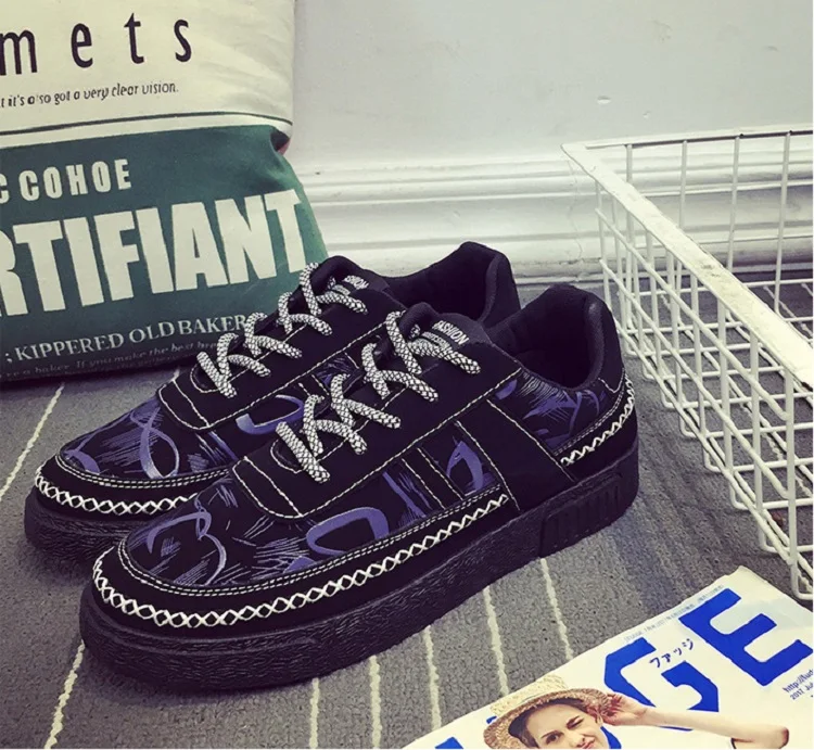 Spring Autumn Man Casual Shoes Canvas Breathable Lace Up Fashion Graffiti Hard-Wearing Korean Walking Flat Shoes Man Sewing (9)
