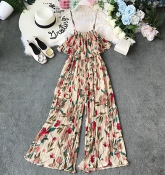 

2020 new fashion women's rompers Summer floral chiffon strap bohemian pleated ruffled jumpsuit