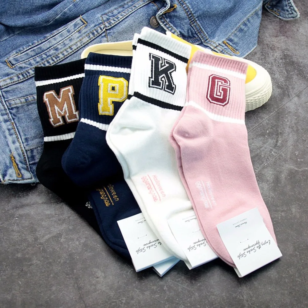 

Letter striped socks casual fashion compression happy women sock autumn winter Korean comfort sweat absorbent black cotton socks
