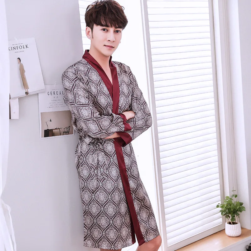 2018 New men's summer long-sleeved spring autumn sleepwear thin silk bathrobe silk kimono summer cardigan home wear nightgowns