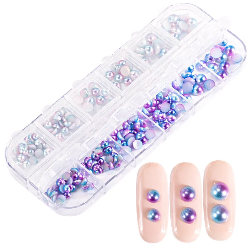 

1 Box Japanese Flat Back Half Round Imitation Pearls 3D Nail Art Decoration Gradient Mermaid Pink Blue Nail Jewelry Accessory