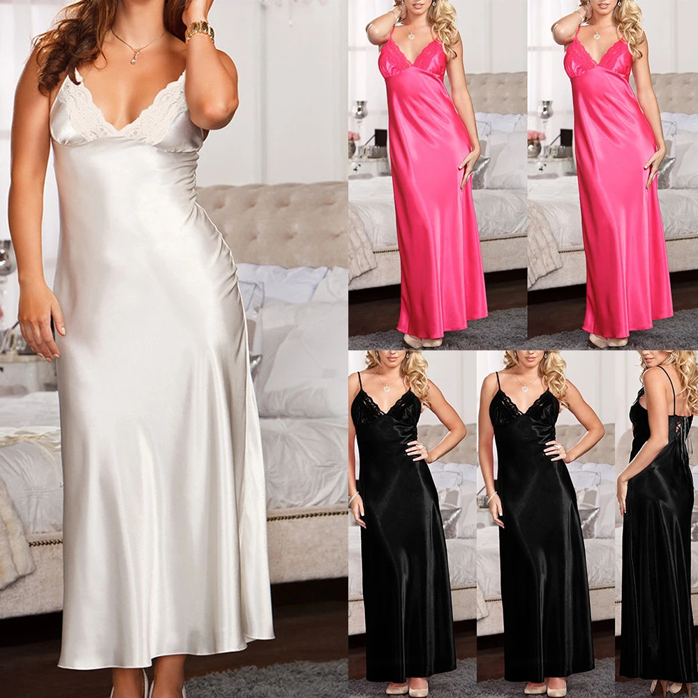 Spaghetti Strap Silk Satin Long Nightdress Women V-Neck Sexy Lace Lingerie Nightgown Plus Size Sexy Sleepwear Ladies Autumn