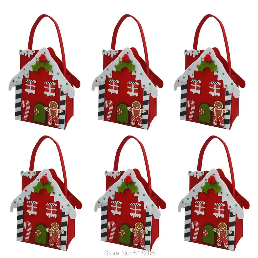 

Pack of 6pcs Christmas Gingerbread House Candy Holder Red Felt Bag Confection Christmas Gift For Children Party Gift