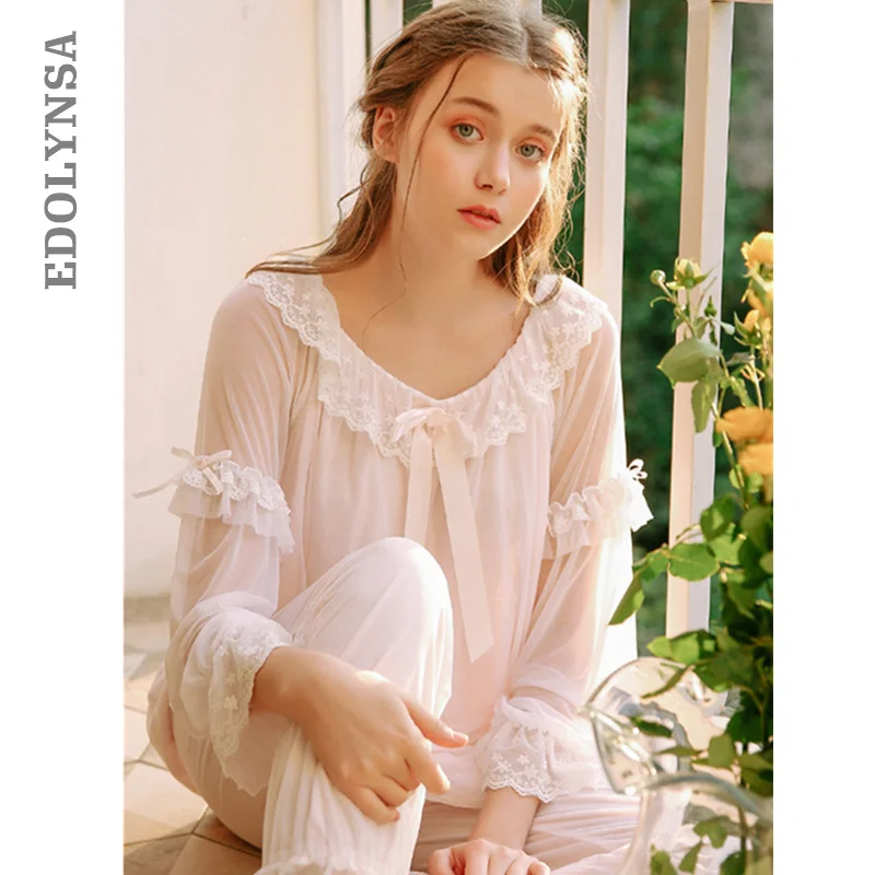 2019 Spring Pajama Set Vintage Sleepwear Women Lace Ruffled Long Sleeve Pyjama Femme Night Sleep Wear Home Suit Lounge T420 | Женская