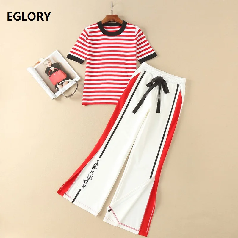 Twopiece Set Clothes Women Striped Print Tops T Shirt+Full Length Long ...