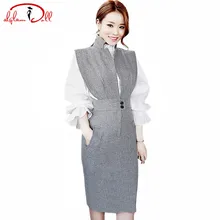 Autumn 2 Pieces Suit Dress Women Sets Full Flare Sleeve Ruffles White Blouse Top High Waist Slim Bodycon Pencil Midi Office Work