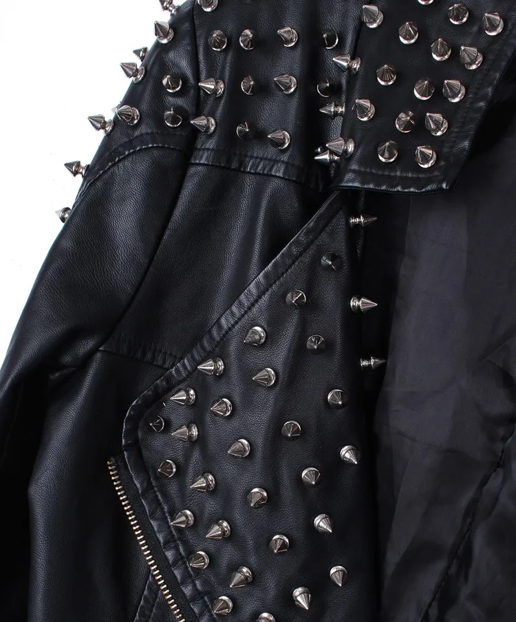 Новинка, тонкая кожаная куртка для женщин, уличный стиль, на молнии и заклепках, мотоциклетная Черная куртка, короткое комбинированное пальто, Блузон cuir femme 1458