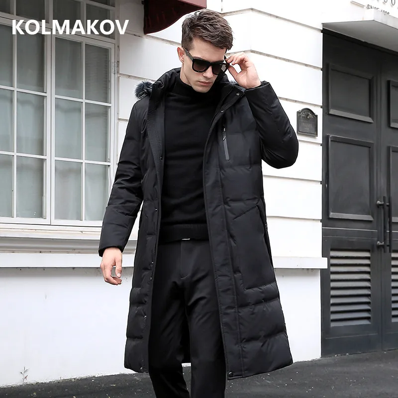 Мужская длинная куртка на 2020 белом утином пуху Классическая утепленная в деловом