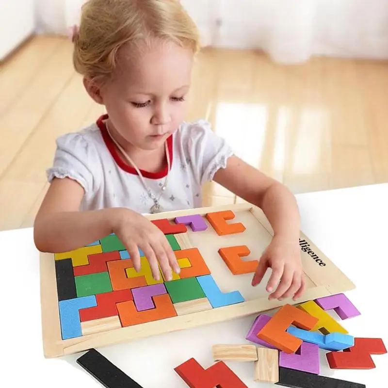 Colorful Tangram Brain Teaser Puzzle Toys Wooden 3D Tetris Game Preschool Magination Intellectual Educational Kid Board Toy Gift