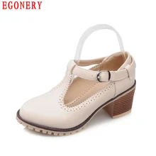 Lady Casual T Strap Buckle Cut-out Thick High Heels Round Toe Vintage Womens Shoes Spring Air Pumps