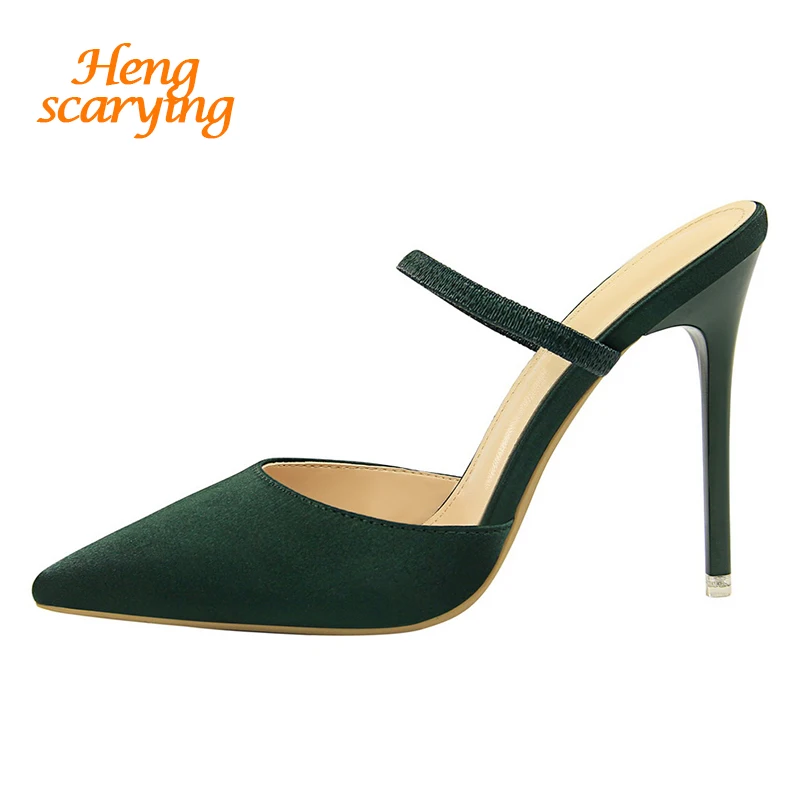 

2019 Women 10cm Stiletto High Heels Plus Size Satin Sandals Lady Sexy Green Pumps Female Scarpins Heels Blue Silk Mules Shoes