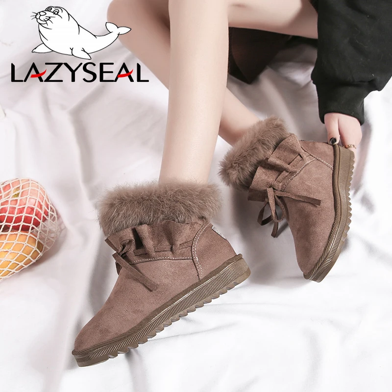 Женские замшевые ботильоны LazySeal Зимние Теплые из кроличьего меха со складками и