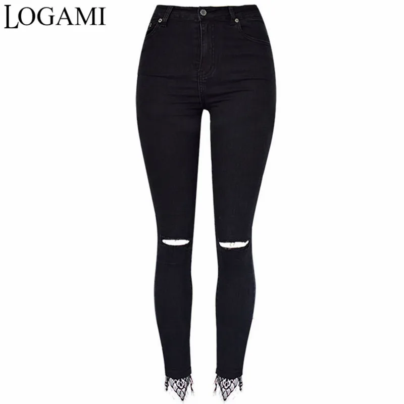 LOGAMI колено рваные джинсы для женщин кружево лоскутное обтягивающие женские узкие джинсовые штаны