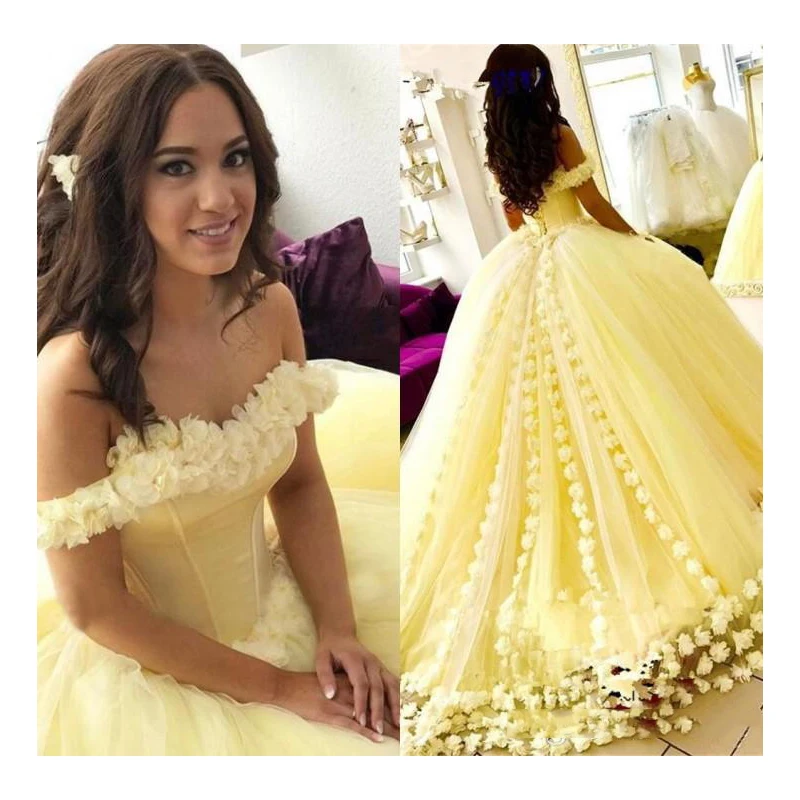 

2019 Yellow Ball Gown Quinceanera Dresses 3D Floral Flowers Off Shoulder Sweet 16 Plus Size Princess Tulle Masquerade Prom Gowns