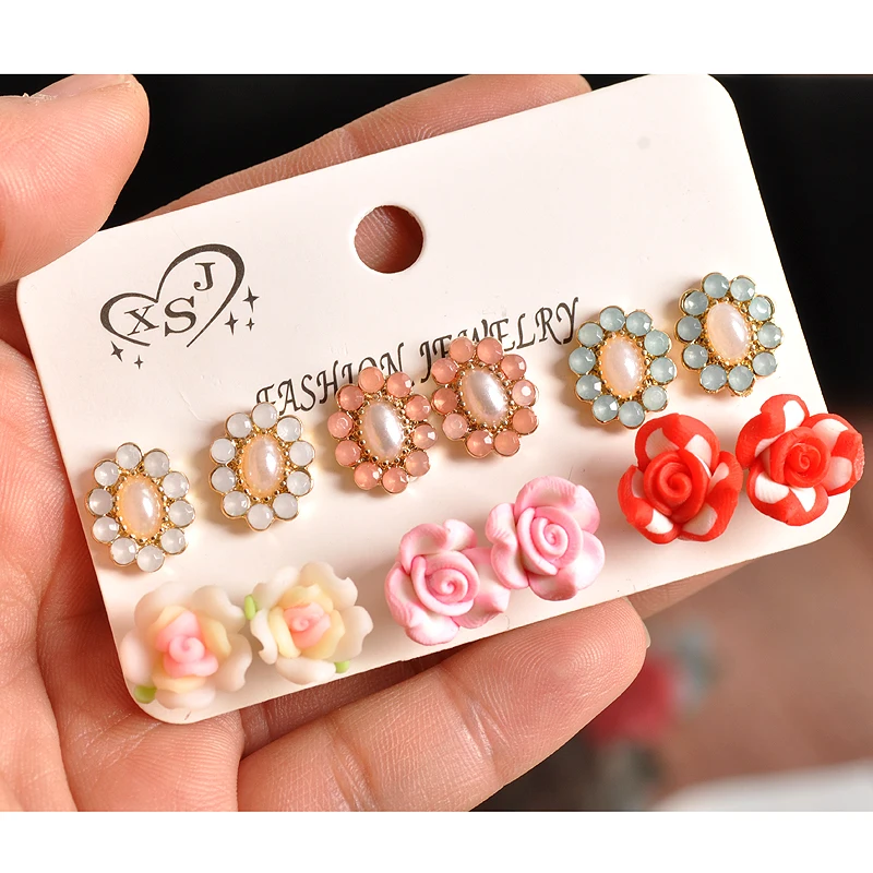 

Fashion gorgeous women jewelry girl boy birthday party flower type ear nail powder green white 6 pairs of /set set of earrings