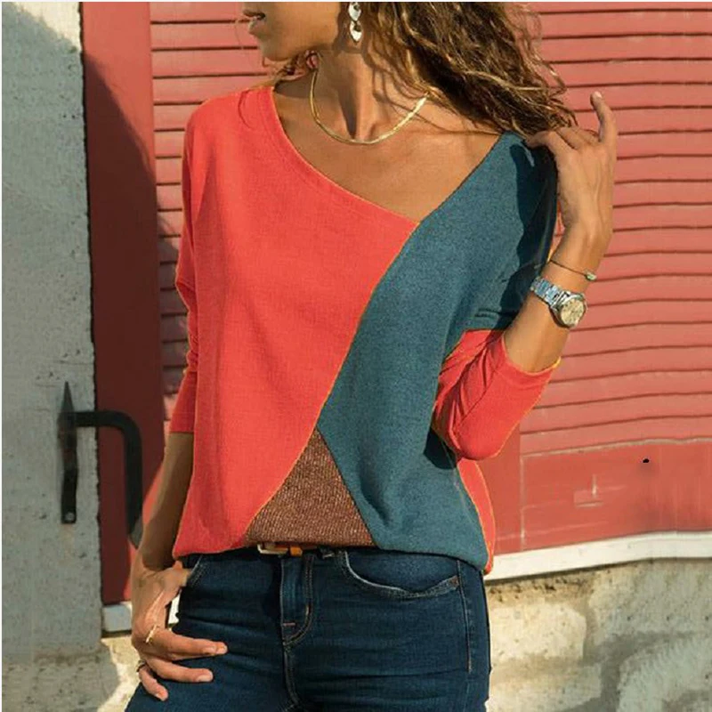 Осенне-зимняя женская футболка, Новая цветная Лоскутная свободная футболка с длинными рукавами, топы, повседневные женские топы размера плюс S-5xl SJ923E - Цвет: Красный