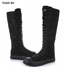 YUAN BU/ новая обувь, модные женские парусиновые сапоги, высокие сапоги до колена на молнии с кружевом, женские сапоги на плоской подошве, Повседневная Высокая обувь в стиле панк для девочек