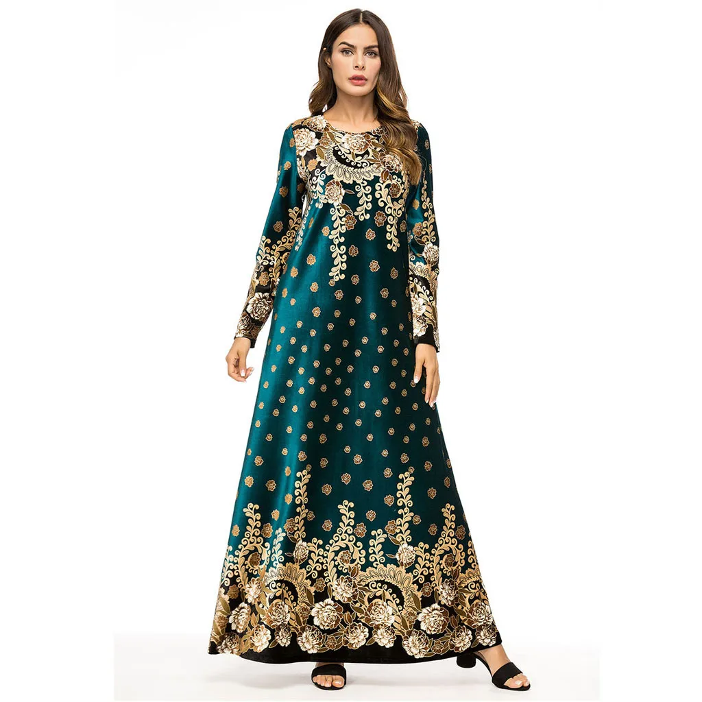 

Fall Middle east Muslim Women Fashion Clothes O-Neck Long Sleeve Vintage Party Boutique Print Long Dress Eid Robe Gown W410