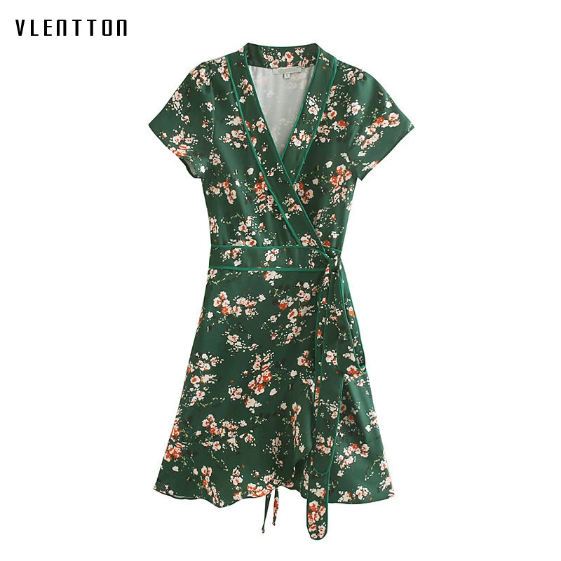 

2019 Boho Vintage Chiffon Floral Print Dress Women Summer V-Neck Short sleeve Lace Up A-line Mini Party Dresses Mujer Vestidos
