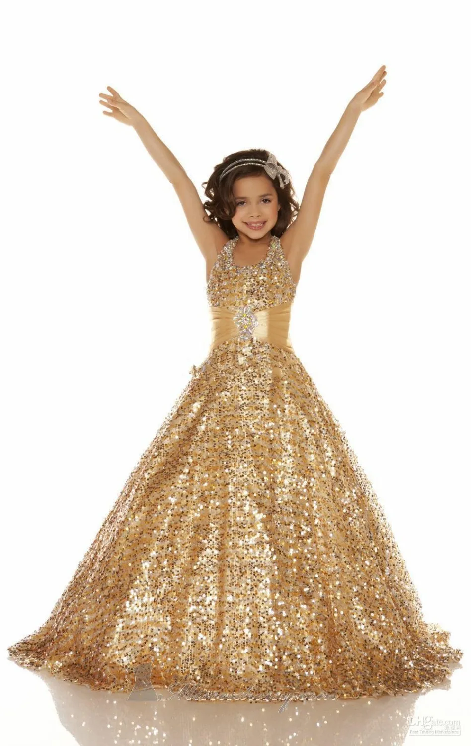 New Beaded kids pageant gowns Floor Length Gold 2017 Flower Girl Dress