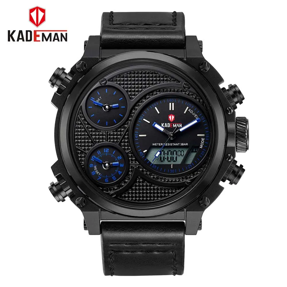 KADEMAN Мужские часы Роскошные с большим циферблатом Бизнес кварцевые кожаные цифровые военные наручные часы 3ATM Лидирующий бренд Relogio Masculino 156 - Цвет: Black-Black-Blue
