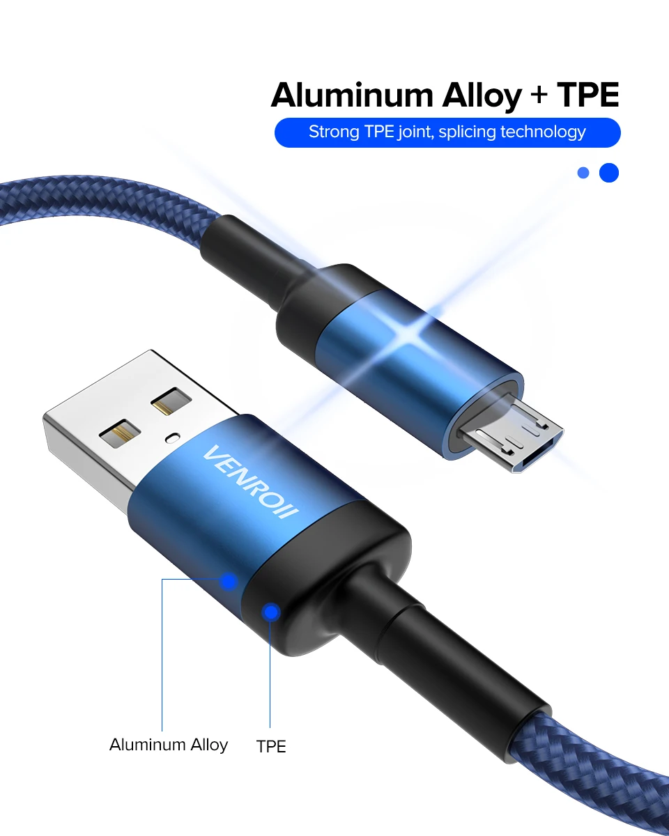 Venroii 1m Micro USB Cable for Xiaomi Redmi Note 5 Pro 4 MicroUSB Fast Charging Data Cabo for Samsung S7 S6 Mobile Phone Charger