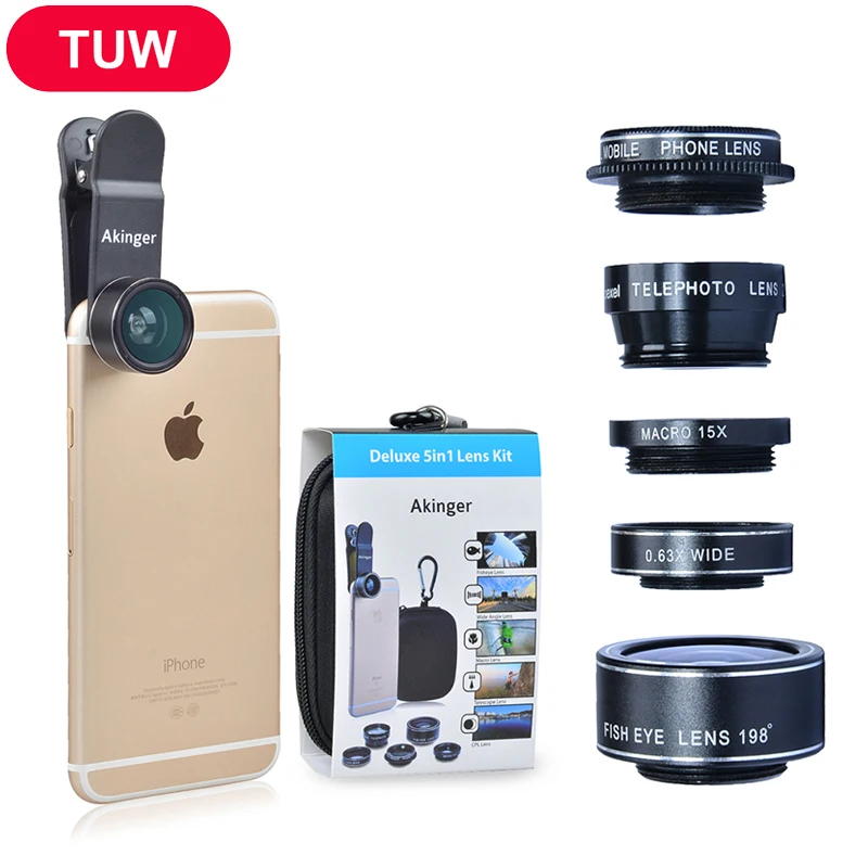

Akinger HD Camera Lens kit 5in1 in mobile phone lens for iPhone 5/6/7/8SE Samsung Galaxy S7/S7 Edge and Other Android SmartPhone