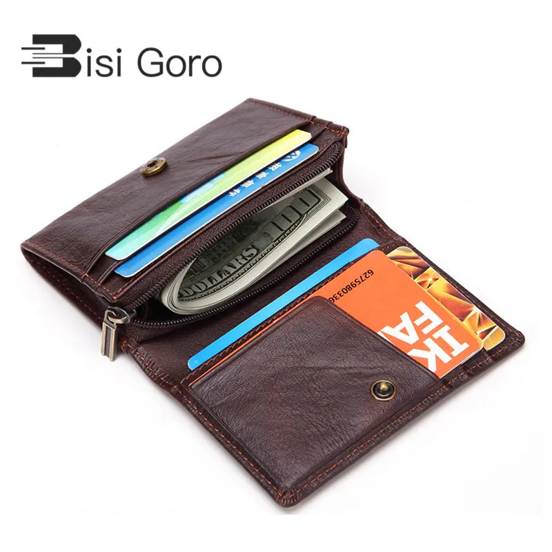 

BISI GORO 2020 Men Genuine Leather Wallet RFID Anti theft Scanning Slim Leather Zipper Mini Wallet Case Credit Card Coin Purse