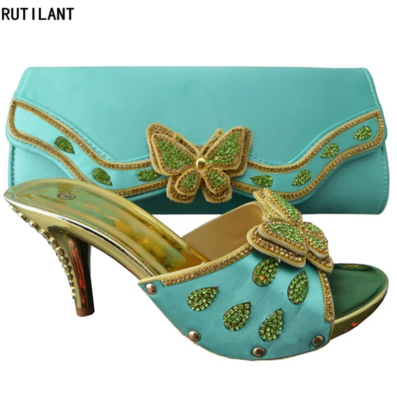 

New Arrival Water Green Color Matching Women Shoes and Bag Set Decorated with Appliques African Women Shoe and Bag Set for Party