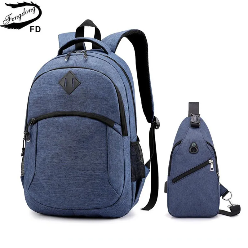 Fengdong school bags for boys student waterproof 15.6 inch laptop backpack school backpacks for teenagers sling chest bag set