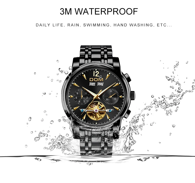 DOM Mechanical Watch Men Wrist Automatic Retro Watches Men Waterproof Black Full-Steel Watch Clock Montre Homme M-75BK-1MW